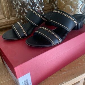 NEW..Salvatore Ferragamo open 3.0 cm heal.  Gold chain trim.